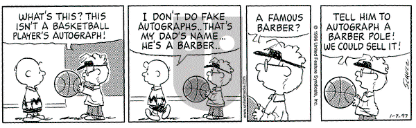 Peanuts on Tuesday January 7, 1997 Comic Strip