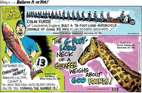 Ripley's Believe It or Not - Sunday January 15, 2012 Comic Strip