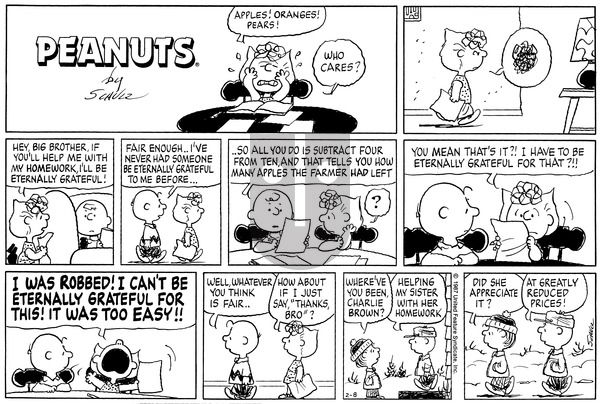 Peanuts on Sunday February 8, 1987 Comic Strip