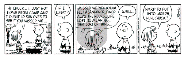 Peanuts on Monday July 15, 1991 Comic Strip