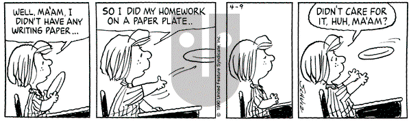 Peanuts on Monday April 9, 1990 Comic Strip