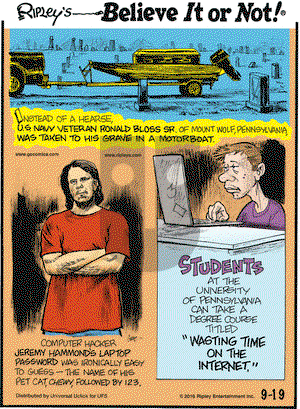 Ripley's Believe It or Not on Monday September 19, 2016 Comic Strip