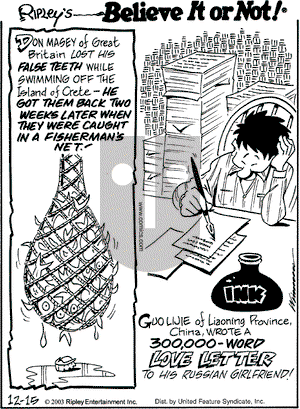 Ripley's Believe It or Not on Monday December 15, 2003 Comic Strip