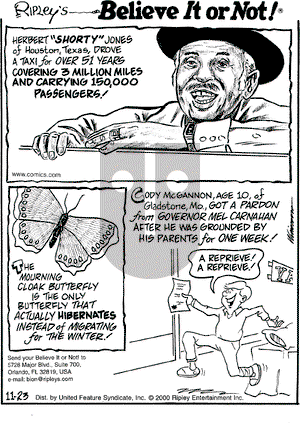 Ripley's Believe It or Not on Thursday November 23, 2000 Comic Strip