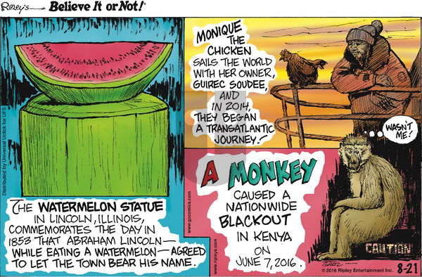 Ripley's Believe It or Not on Sunday August 21, 2016 Comic Strip
