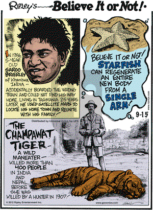 Ripley's Believe It or Not on Saturday September 15, 2012 Comic Strip