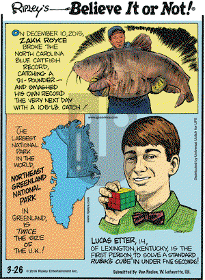 Ripley's Believe It or Not on Saturday March 26, 2016 Comic Strip