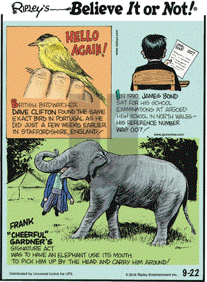 Ripley's Believe It or Not on Thursday September 22, 2016 Comic Strip