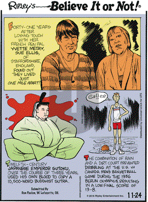 Ripley's Believe It or Not - Thursday November 24, 2016 Comic Strip