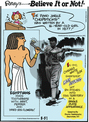 Ripley's Believe It or Not on Wednesday August 31, 2016 Comic Strip