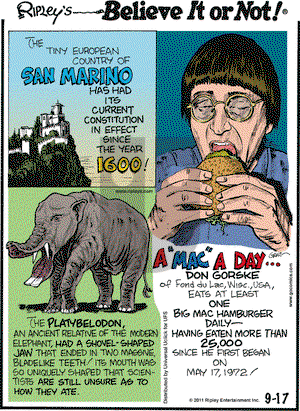 Ripley's Believe It or Not on Saturday September 17, 2011 Comic Strip