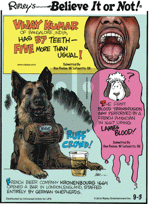 Ripley's Believe It or Not on Saturday September 3, 2016 Comic Strip
