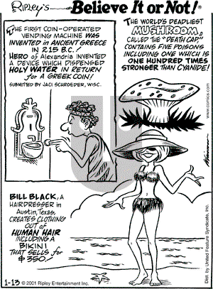Ripley's Believe It or Not on Saturday January 13, 2001 Comic Strip