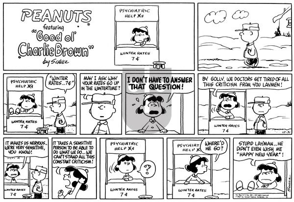 Peanuts on Sunday December 31, 1967 Comic Strip