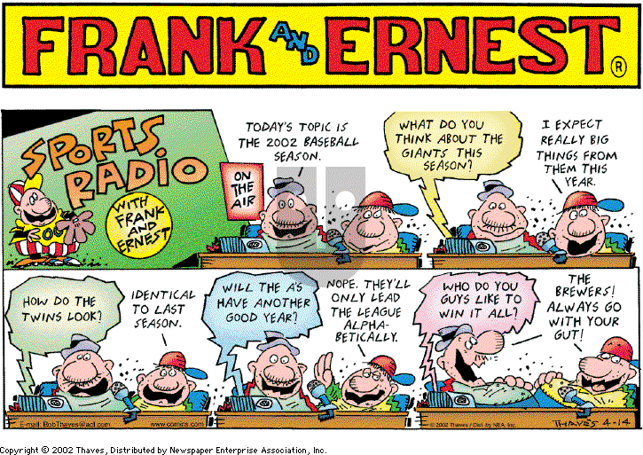 Frank and Ernest on Sunday April 14, 2002 Comic Strip