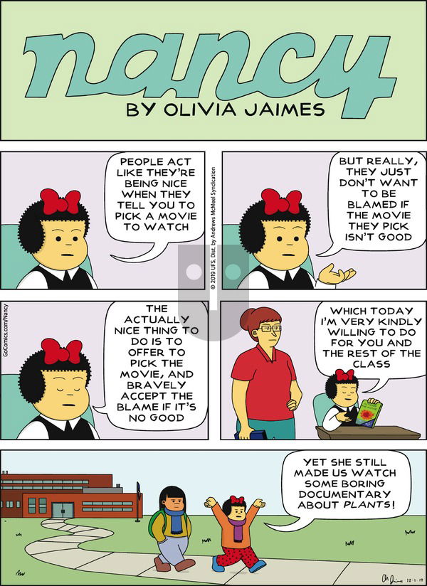 Nancy on Sunday December 1, 2019 Comic Strip