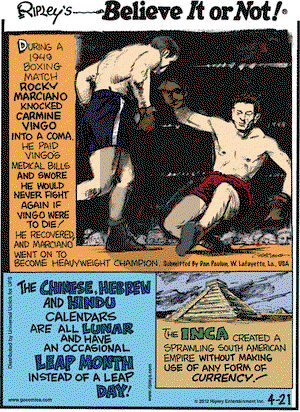 Ripley's Believe It or Not on Saturday April 21, 2012 Comic Strip