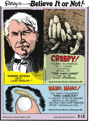 Ripley's Believe It or Not on Thursday March 18, 2021 Comic Strip
