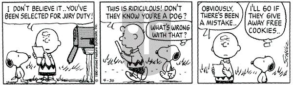 Peanuts on Monday April 30, 1990 Comic Strip