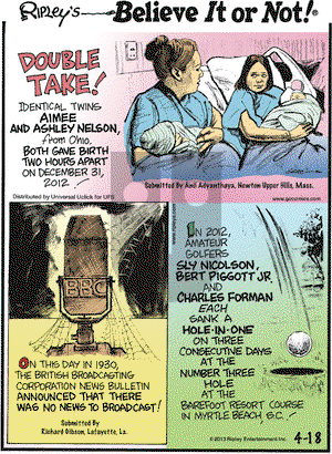 Ripley's Believe It or Not on Thursday April 18, 2013 Comic Strip