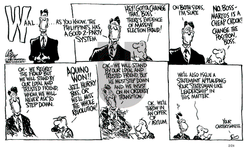 Pat Oliphant on Monday February 24, 1986 Comic Strip