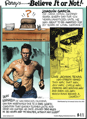 Ripley's Believe It or Not on Thursday August 11, 2016 Comic Strip