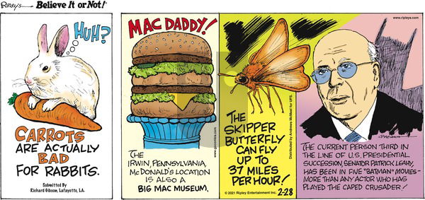 Ripley's Believe It or Not on Sunday February 28, 2021 Comic Strip