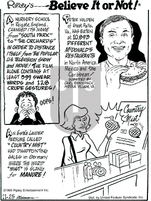 Ripley's Believe It or Not on Thursday November 25, 1999 Comic Strip