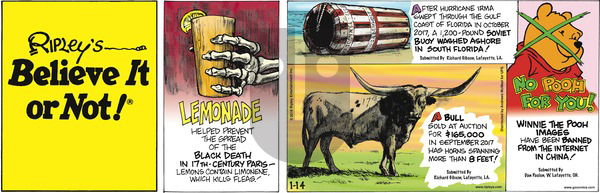 Ripley's Believe It or Not on Sunday January 14, 2018 Comic Strip