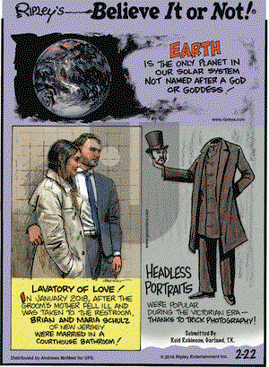 Ripley's Believe It or Not on Thursday February 22, 2018 Comic Strip