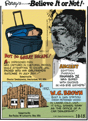 Ripley's Believe It or Not on Saturday October 15, 2011 Comic Strip
