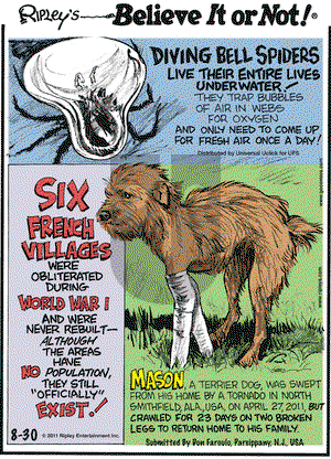 Ripley's Believe It or Not on Tuesday August 30, 2011 Comic Strip