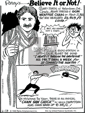 Ripley's Believe It or Not on Saturday June 13, 1998 Comic Strip