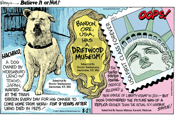 Ripley's Believe It or Not on Sunday August 21, 2011 Comic Strip