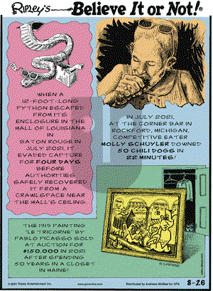 Ripley's Believe It or Not on Thursday August 26, 2021 Comic Strip