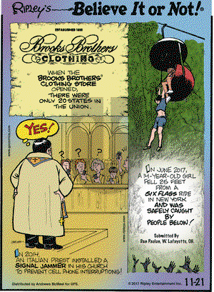 Ripley's Believe It or Not on Tuesday November 21, 2017 Comic Strip