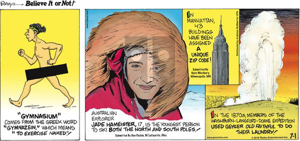 Ripley's Believe It or Not on Sunday July 1, 2018 Comic Strip