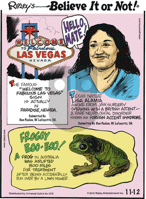 Ripley's Believe It or Not on Saturday November 12, 2016 Comic Strip