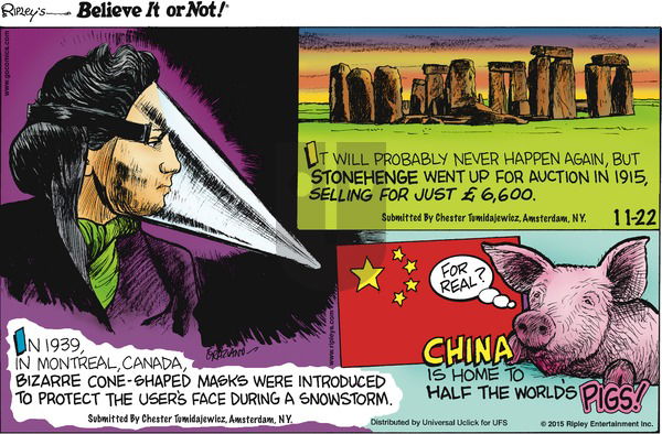 Ripley's Believe It or Not on Sunday November 22, 2015 Comic Strip