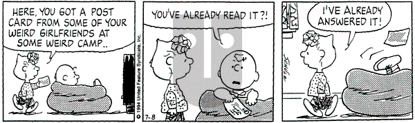 Peanuts on Friday July 8, 1994 Comic Strip