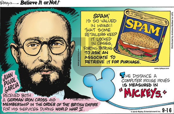 Ripley's Believe It or Not on Sunday September 16, 2018 Comic Strip