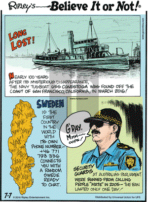 Ripley's Believe It or Not on Thursday July 7, 2016 Comic Strip