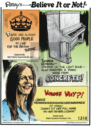 Ripley's Believe It or Not on Monday December 16, 2013 Comic Strip