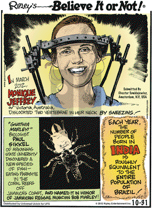 Ripley's Believe It or Not on Wednesday October 31, 2012 Comic Strip