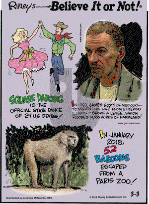 Ripley's Believe It or Not on Saturday March 3, 2018 Comic Strip