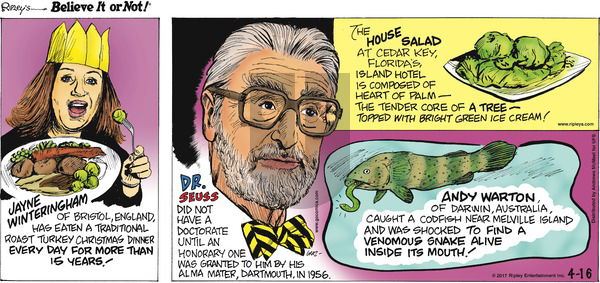 Ripley's Believe It or Not on Sunday April 16, 2017 Comic Strip