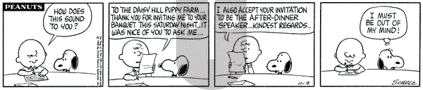 Peanuts on Tuesday November 9, 1965 Comic Strip