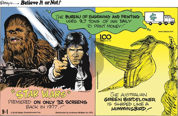 Ripley's Believe It or Not on Sunday September 1, 2019 Comic Strip