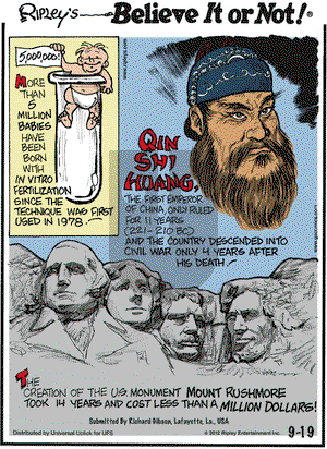 Ripley's Believe It or Not on Wednesday September 19, 2012 Comic Strip