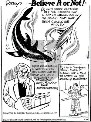 Ripley's Believe It or Not on Thursday April 4, 1996 Comic Strip